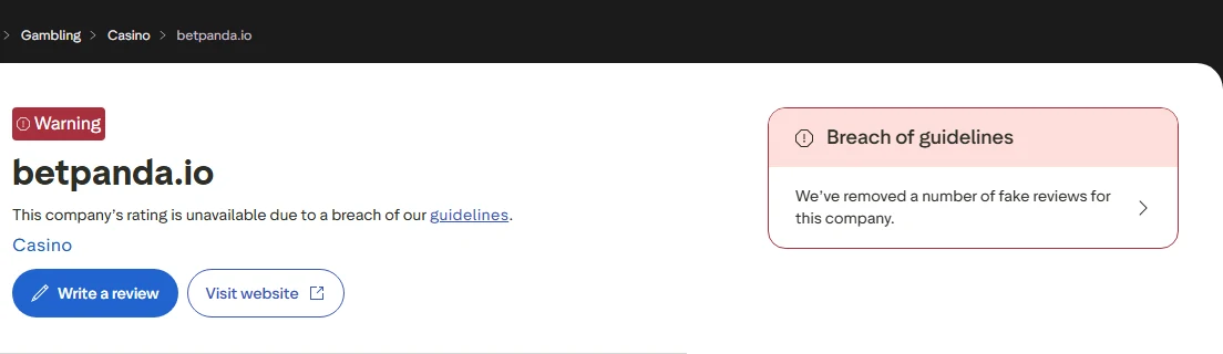Trustpilot's profile page for betpanda.io carrying a red Warning badge, the line “This company's rating is unavailable due to a breach of our guidelines”, the category Casino, and a red panel headed “Breach of guidelines” reading “We've removed a number of fake reviews for this company.”